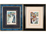 two framed paintings of a woman and a man with flowers