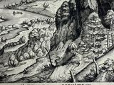 drawing of a landscape with a river and a mountain in the distance