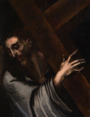 a painting of a man carrying a cross in his hand