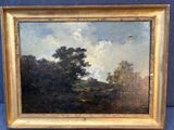 une peinture représentant un paysage avec des arbres et un oiseau dans le ciel