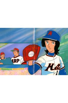 cartoon picture of a baseball player holding a baseball glove in a baseball field