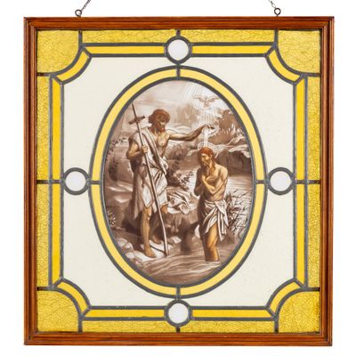 an image of a stained glass picture of a man and a woman in a boat