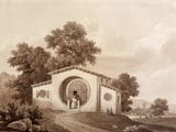 un dessin représentant un bâtiment devant lequel se tient un homme