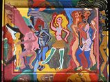 a painting of a group of people on a wall