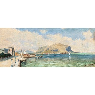tableau représentant une vue d'un port avec des bateaux et une montagne en arrière-plan