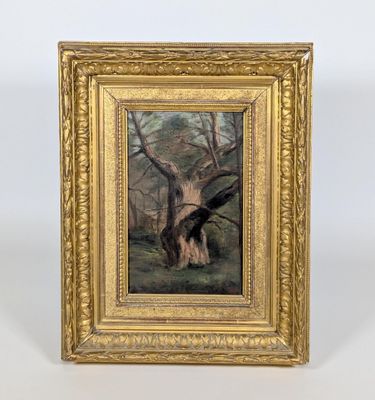 une peinture à l'huile représentant un grand arbre dans une zone boisée