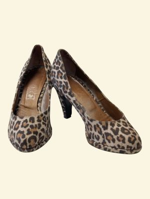 pair of women ' s leopard print pumps on a white background