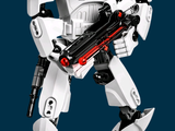 a lego stormtrooper holding a gun on a blue background