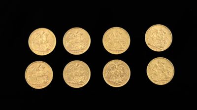 six gold coins are arranged in a row on a black background
