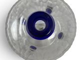 an image of a blue and clear glass object on a white surface