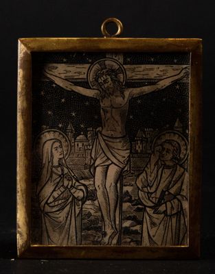 Relique quadrangulaire en bronze avec calvaire, Espagne, XVI…