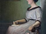 peinture d'une femme assise sur une chaise et lisant un livre