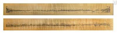trois vues différentes d'un dessin réalisé sur un morceau de bois, avec une image de ville en arrière-plan