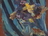 une peinture à l'huile représentant un vase de fleurs posé sur une chaise bleue