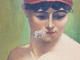 a painting of a woman with a red turban on her head