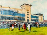 painting of a group of people standing around a horse race track
