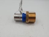 a close up of a brass and blue hose fitting on a white surface