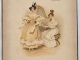 une illustration ancienne représentant deux femmes en robe jouant de la harpe