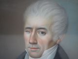 painting of a portrait of a man with white hair and a blue jacket