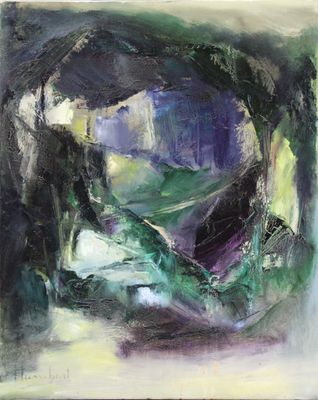 une peinture représentant une œuvre aux couleurs verte et violette sur un fond blanc