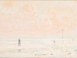 tableau représentant deux personnes marchant sur une plage au bord de la mer