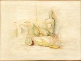 dessin représentant une nature morte avec une bouteille, un vase et une banane