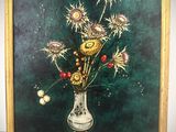 a painting of flowers in a vase on a table