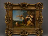 an antique painting of a woman and two children in a landscape