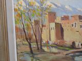 a painting of a town with a river in the foreground