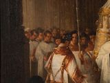 an oil painting of a priest holding a cross in front of a group of people