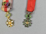 two medals are displayed on a gray surface with a red ribbon and a gold star