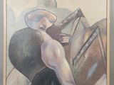 tableau représentant une femme avec un chapeau et une valise dans une pièce