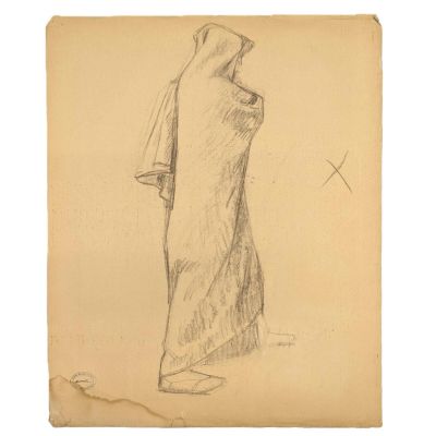 le dessin d'une femme vêtue d'une robe blanche, debout devant un fond blanc