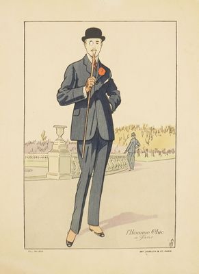 drawing of a man in a suit and top hat with a cane