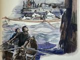 painting of a man in a row boat with another man in a boat in the water