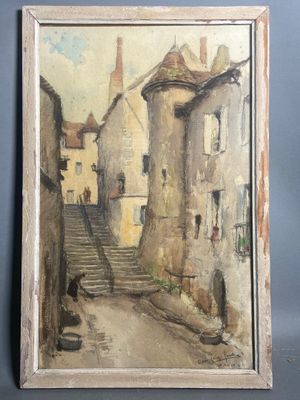 tableau représentant une scène de rue avec de vieux bâtiments et un escalier