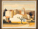 an image of a painting of a village with a tree in the foreground