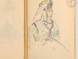 an old book with a drawing of a woman in a green dress