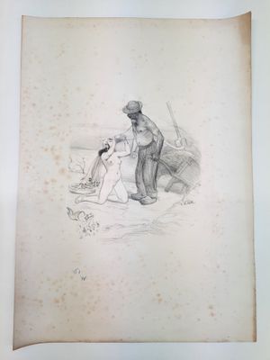 an old drawing of a man and a woman sitting on a beach