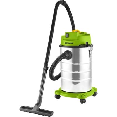 un aspirateur avec un manche vert et un tuyau noir