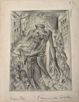an old book with a drawing of a man holding a woman in his arms
