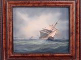 a painting of a ship in the ocean with a sky in the background