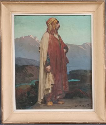 an image of a painting of a man standing in front of a mountain range