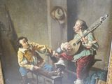 un tableau représentant un homme jouant de la guitare et un autre homme assis sur un banc