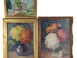 three paintings of flowers in a vase and a painting of a house in a vase