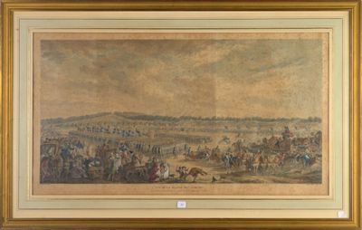 an old painting of a large group of people riding horses