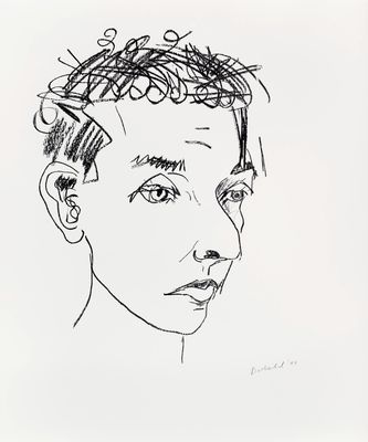 un dessin à l'encre représentant le visage d'une femme aux cheveux bouclés