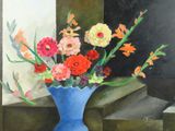 a painting of a blue vase with flowers in it