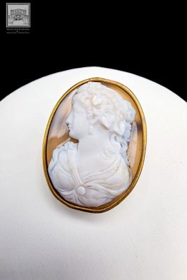 une photo d'une femme portant une robe blanche et une broche en or