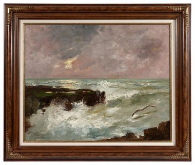 un tableau représentant des vagues qui se brisent sur un rivage rocheux, avec une pleine lune dans le ciel
